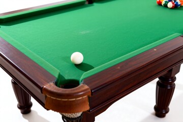 Green Felt Pool Table with Cue Ball and Rack