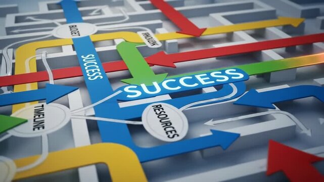 Business strategy arrows finding success through a complex 3D maze.