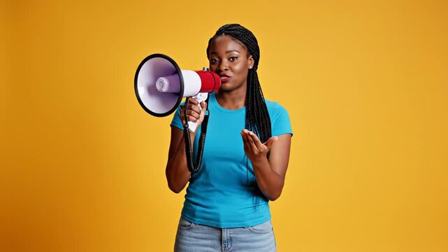 Young woman with megaphone expressing surprise and confusion questioning a situation with an inquisitive expression against a vibrant yellow background