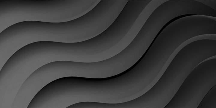 Abstract dark grey and black wavy background with fluid 3D flowing layers. Modern elegant carbon-style vector illustration for dark mode web design, luxury branding, 