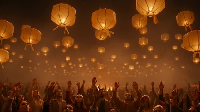 Lanterns flying in the sky with crowd of people