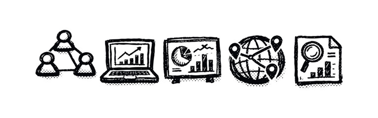 Obraz premium Hand-Drawn Business Analytics and Global Collaboration Icons with Halftone Texture