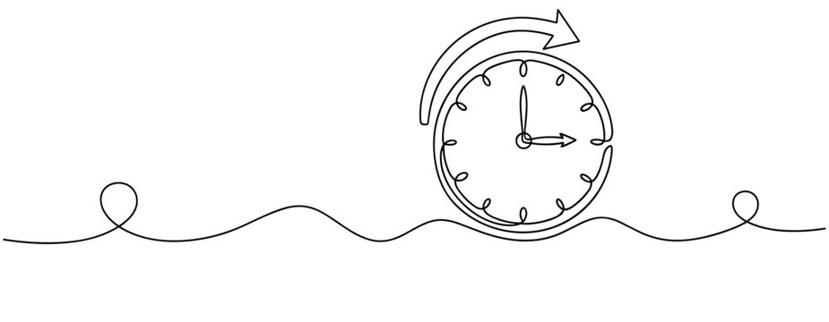 Continuous line drawing of clock showing time passing with arrow. No editable stroke