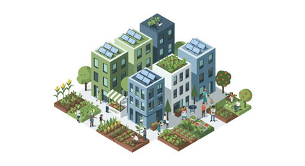 Obraz premium Sustainable smart city with urban farming, community garden, solar panels, and green buildings. Isometric vector illustration.