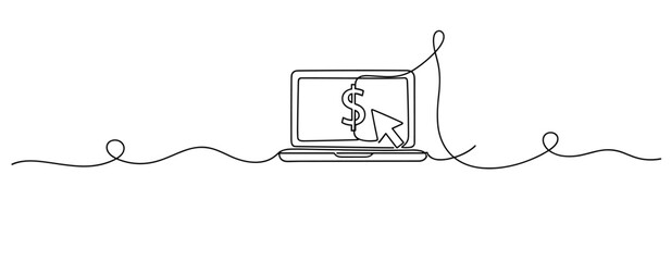 Fototapeta premium Continuous line art of laptop with dollar symbol and cursor for online business concept. No editable stroke