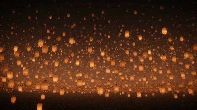 Glowing lanterns flying in the dark