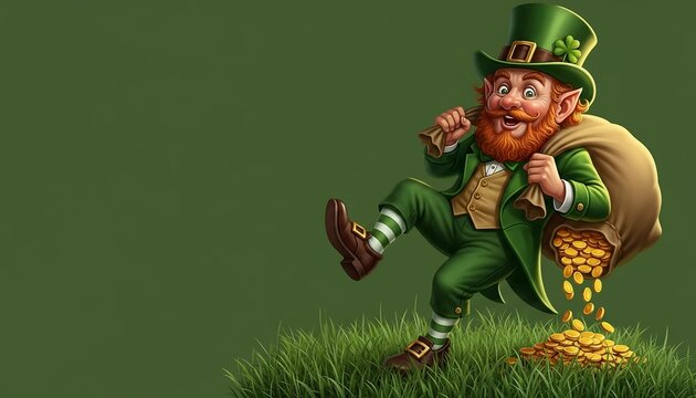 Leprechaun man running with a sack of gold coins spilling on grass. St Patrick&rsquo;s Day luck symbol. Irish holiday celebration.