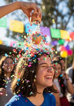Woman laughing as confetti falls over her from a confetti egg or cascaron, celebrating a festive holiday outdoor activity