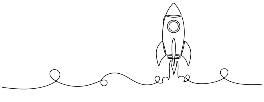 Minimalist line art of spaceship launch with continuous rocket path. No editable stroke