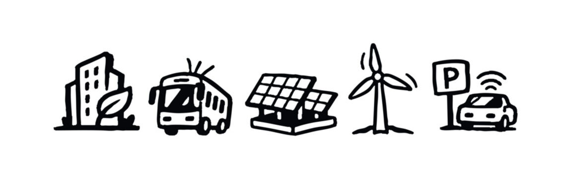 Renewable Energy and Green Transportation Smart City Doodle Icons