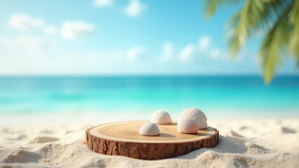 Wooden Podium with Shells in Beach Sand on Blurred Tropical Sea Background