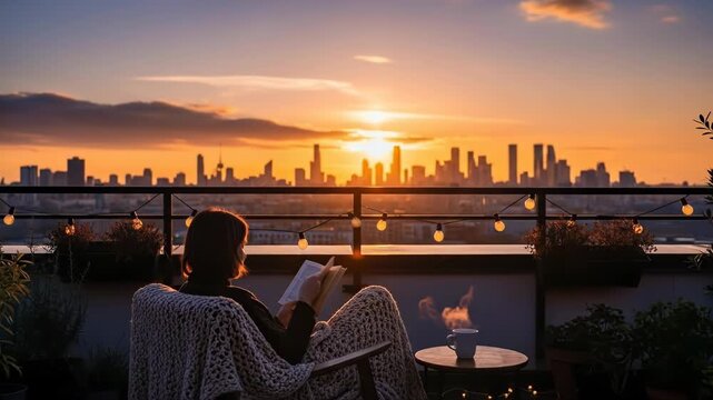 Woman reading a book on a rooftop terrace with a stunning cityscape sunset view.
