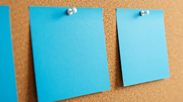 Three blank blue sticky notes pinned to a brown corkboard in an office.