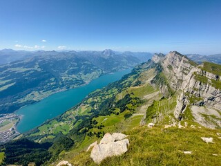 Obraz premium View of the Swiss Alps from the mountain peak.