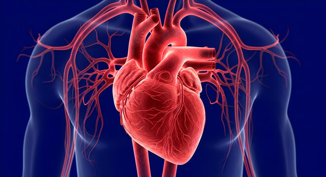 A detailed anatomical illustration of a human heart with connected blood vessels.
