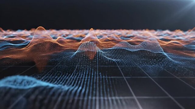 Futuristic 3D Wireframe Landscape with Orange Dunes and Blue Grid Waves