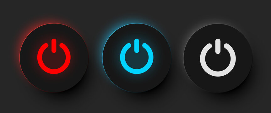 Set of three neumorphism power buttons with glowing effects on a dark background. Modern user interface concept. Vector illustration