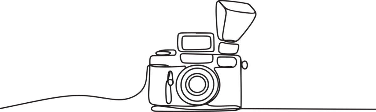 Single continuous line drawing of old retro analog camera medium format with blitz flash light. Vintage photography equipment concept. one line Icon drawing