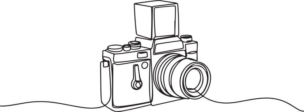 Single continuous line drawing of old retro analog camera medium format with blitz flash light. Vintage photography equipment concept. one line Icon drawing