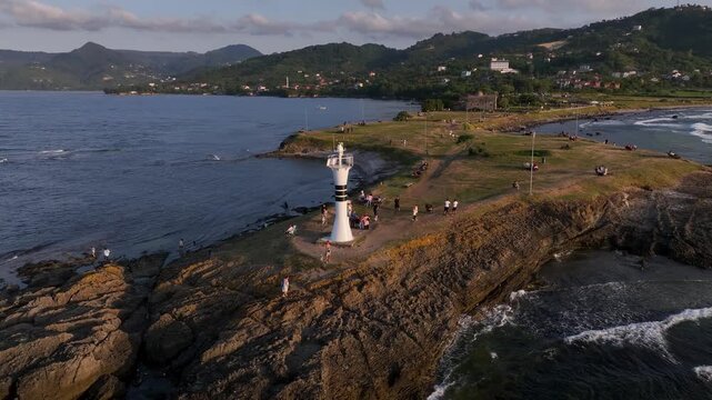 Aerial drone panorama landscape of Yason Burnu (aka Cape Yason) and its lighthouse. Located at Persembe, Ordu, Black Sea region of Turkey