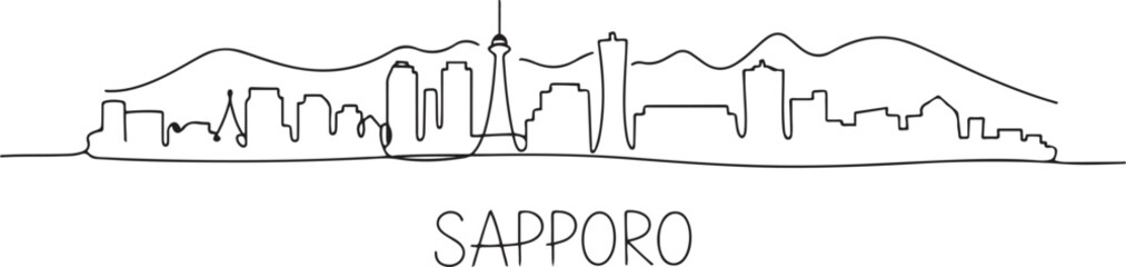 One continuous line drawing of Sapporo city skyline, Japan. Beautiful landmark. World landscape tourism and travel vacation poster. one line Icon drawing