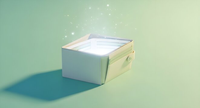 A minimalist white open box with magical glowing light and sparkles inside, isolated on a teal pastel background, representing surprise or discovery.