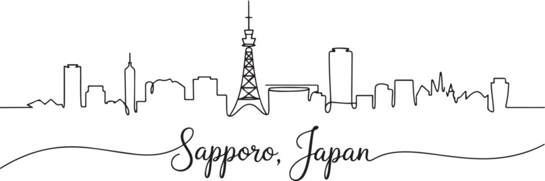 One continuous line drawing of Sapporo city skyline, Japan. Beautiful landmark. World landscape tourism and travel vacation poster. one line Icon drawing