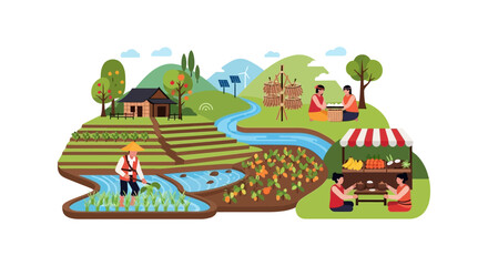 Obraz premium Sustainable Farming and Rural Life Vector Illustration. Asian Farmers Work Rice Paddies, Harvest Crops, and Sell Produce at Local Market Stand.
