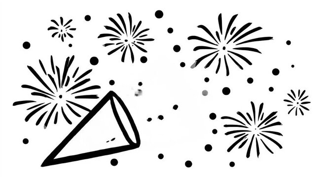 Stylized conical object amidst bursting pyrotechnics in monochrome
