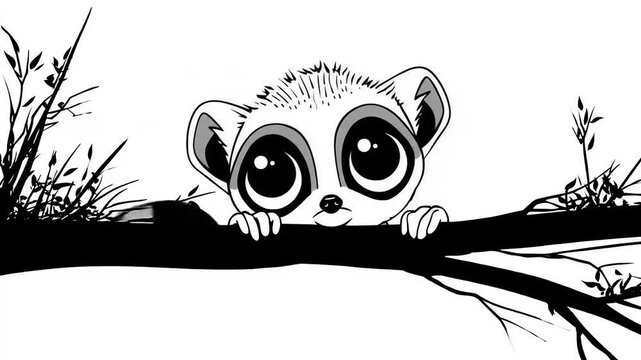 Cartoon primate peeking over thick tree branch in monochrome style
