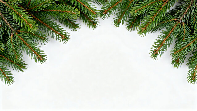 is a minimalist and festive style photograph featuring a layout of evergreen pine branches arranged along the top edge, creating a natural frame against a clean, white background. The branches are lus