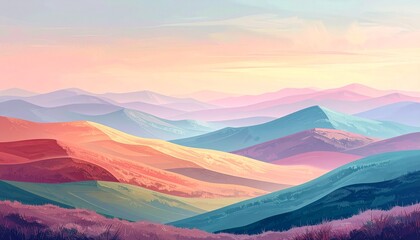 Obraz premium Vibrant sunrise landscape with colorful mountains and soft pastel sky