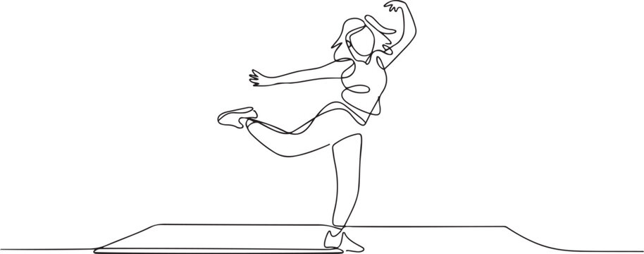 One single line drawing of young modern street dancer woman performing hip hop dance on the stage graphic vector illustration. one line Icon drawing