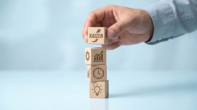 Kaizen Concept Hand Stacking Wooden Cubes with Icons Representing Innovation Growth Process and Productivity