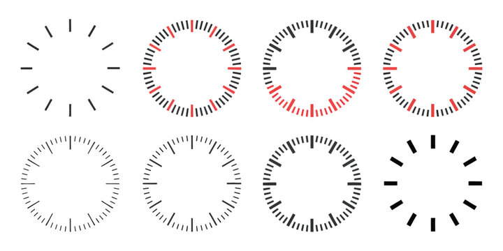 Clock dial watch face black vector icons with analog time displays, clockwise arrows, minimal timer and stopwatch symbols