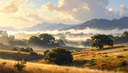 Fototapeta premium Misty sunrise landscape with golden fields and rolling hills in serene countryside