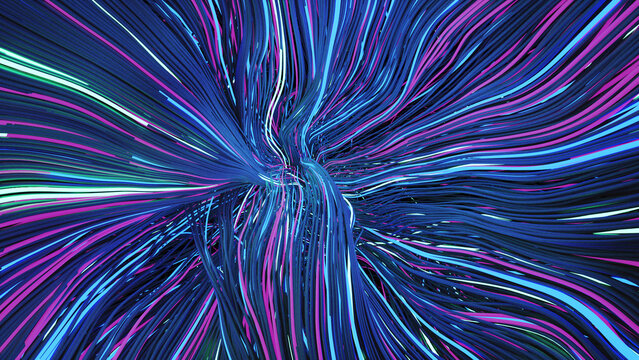 Abstract neon background. Fluorescent lines glowing in dark. Neon blue and purple strands intertwine, creating a dynamic and futuristic abstract pattern. 3d render. 
