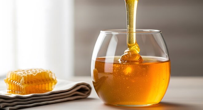 Honey and honeycomb macro A close-up of liquid gold honey being drizzled into a jar with a fresh honeycomb in the background. Ideal for organic food, we