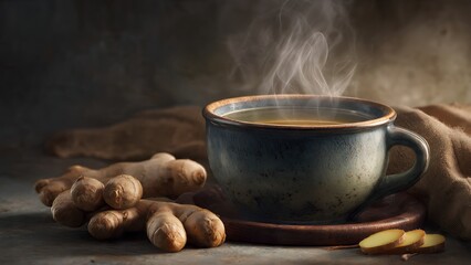 Fototapeta premium A gourmet chef in a professional kitchen prepares a hot meal on the stove while a steaming cup of coffee sits near a searing frying pan of meat