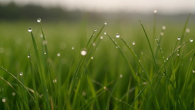 Serene green grass field with dew drops on blades of grass