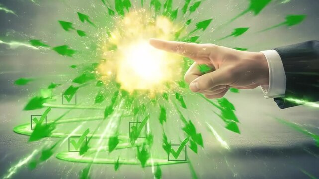 Businessman pointing at glowing light with arrows and checkmarks