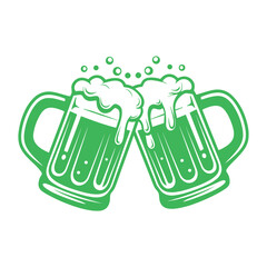 green beer mugs clinking for St. Patrick's Day celebration, flat cartoon vector illustration