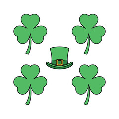St. Patrick's Day design elements set with green shamrocks and leprechaun hat, flat vector icons