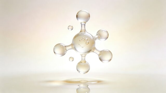 A close-up of milky off-white guar gum droplets forming a centered cluster connected by thin viscous bridges with micro bubbles visible.
