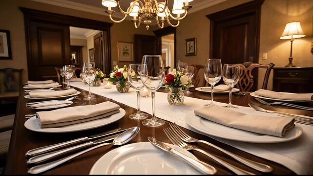 Warmly lit formal dining room with an elegantly set table for a luxurious meal.
