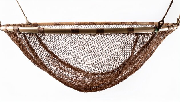 brown fishing net hanging waiting to be cast and catch fish isolated on white background