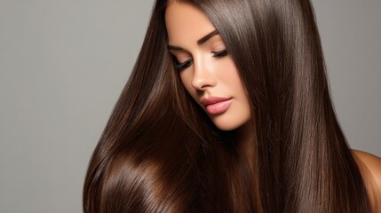 Fototapeta premium A close-up portrait of a young woman with long, smooth, shiny brown hair and flawless makeup against a neutral background.