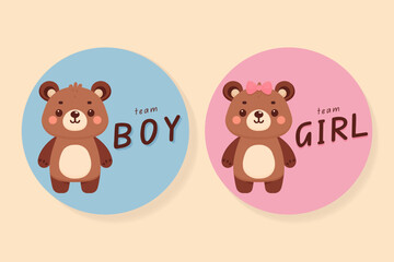 Gender reveal party stickers with team boy and girl teddy bears vector illustration. © Marina