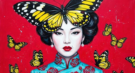 Concetto di metamorfosi: ritratto artistico di donna e farfalle.