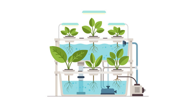 Hydroponic Vertical Farming System Illustration. Modern Indoor Agriculture Technology and Soilless Plant Growing Setup on White Background.